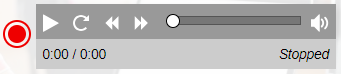 Audio player with a button to start or stop recording; buttons for play or pause, restart, rewind, and forward; a time line of the recording; and a volume control.